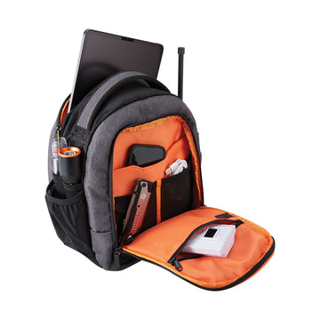 Lift 2.0 Flight Bag for pilots with iPad and headset compartments | Backpack with orange interior compartments containing electronic devices on a white background